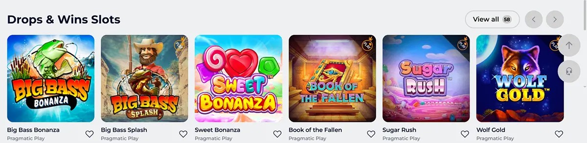 “Drops & Wins Slots” section showing Pragmatic Play game tiles: Big Bass Bonanza, Big Bass Splash, Sweet Bonanza, Book of the Fallen, Sugar Rush, and Wolf Gold, with a “View all” button.