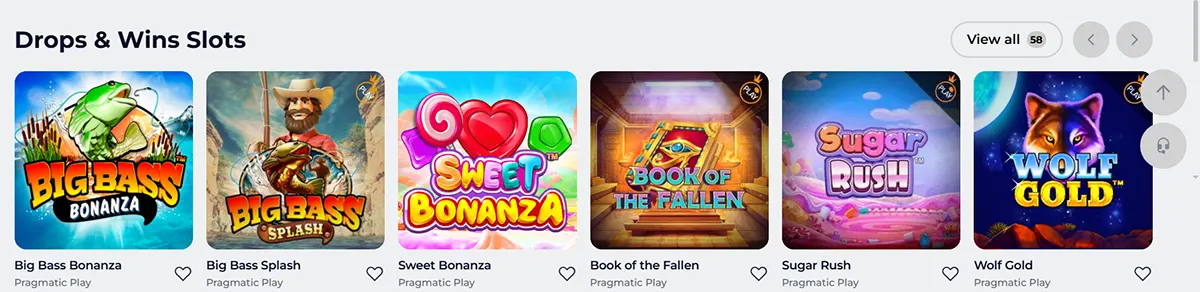 “Drops & Wins Slots” section showing Pragmatic Play game tiles: Big Bass Bonanza, Big Bass Splash, Sweet Bonanza, Book of the Fallen, Sugar Rush, and Wolf Gold, with a “View all” button.