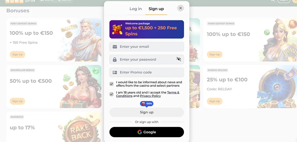 NomaSpin sign-up pop-up showing a welcome package (up to €1,500 + 250 free spins), email/password and promo code fields, consent checkboxes, a Sign up button, and a Google registration option over the bonuses page.