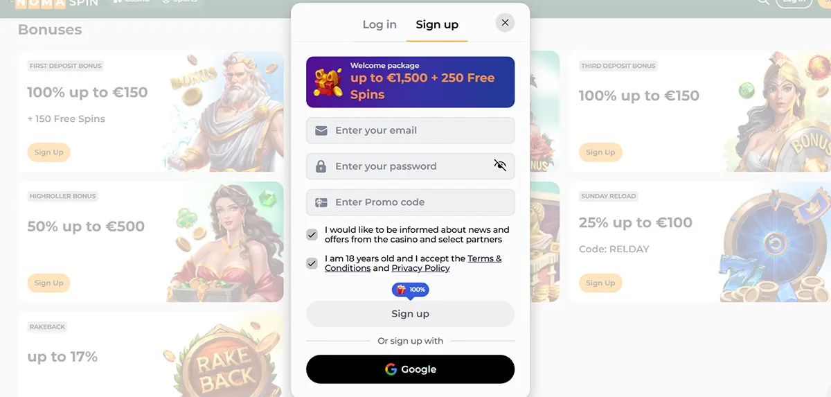 NomaSpin sign-up pop-up showing a welcome package (up to €1,500 + 250 free spins), email/password and promo code fields, consent checkboxes, a Sign up button, and a Google registration option over the bonuses page.